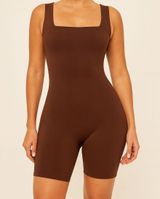 Qinsen Brown Unitard Romper Short Jumpsuit Square Neck Large Yoga Exercise Photo 0