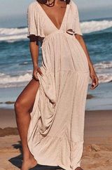 Free People La La Ruffle Flutter Sleeve Deep V Maxi Dress XL in Salt Photo 0