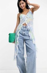 ruffle longline cami with split front in blue paisley print Photo 0