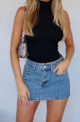 BRAND NEW Single Soon Denim Mini Skirt Brown Blue Photo 0