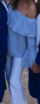 Blue And White Stripe Off The Shoulder Top Photo 0