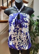 Cynthia Steffe Women's White Blue 100% Silk Halter Neck Sleeveless Top Blouse 0 Photo 0