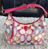 Coach Multicolor Signature Canvas Hobo Shoulder Bag Pink Leather Trim Photo 0
