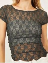 Lace Ruched Baby Tee Cap Sleeve Sheer Rave Romantic Grunge Photo 0