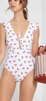 NWT Marina West Womens Beach UPF 50+ Tie Plunge Cherry One Piece Swimsuit Size L Red Size L Photo 0