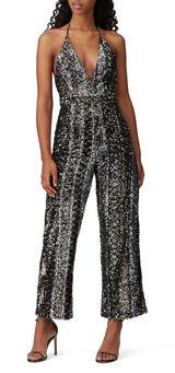 BARDOT Black Sequin Disco Deep V-Neck Halter Tie Center Back Jumpsuit sz US 8 Photo 0