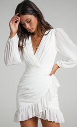 . Can I Be Your Honey Plunge Balloon Sleeve Dress in White Photo 0