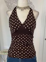 Early 2000's Cinched Soft Brown Cream White Polkadot Babydoll Halter Top M Size M Photo 0