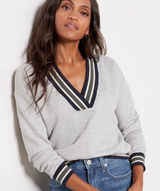 Evereve Nova Varsity Stripe Sweatshirt EUC Small Gray/Green/Blue Photo 0