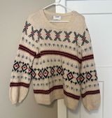 Cream and Red Crew Neck Sweater with Nordic Pattern Photo 0