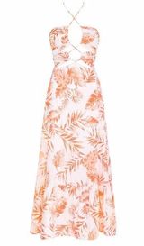 Sea + Pearl Talulah Dress Maxi Leaf Print Halter Cutouts Beach Coastal Orange Size 6 Photo 0