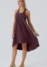 068HO.- Backless Racerback Side Pocket High Low Flowy Midi Quick Dry Dress Photo 0