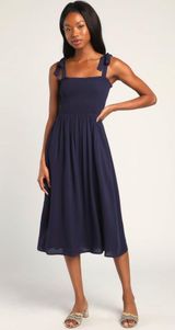 Lulus Looking Up Navy Blue Smocked Tie-Strap Midi Dress Photo 0