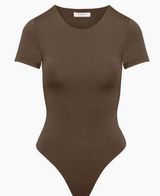 Babaton Contour Crew Short Sleeve Thong Bodysuit Coffee Brown Small Photo 0
