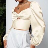 Satin Colorblock Balloon Sleeve Self-Tie Crop Top  Photo 0