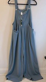 Adjustable Strap Button Pockets Waffle Overalls Blue Photo 0