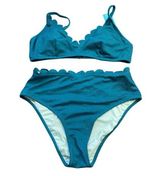 Cupshe Scalloped Bikini Set Womens Size Large Mid Rise Textured Teal 2 Piece NEW Photo 0