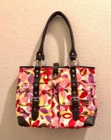Franco Sarto Mint NWOT  shoulder bag. Vibrant floral fabric with brown leather straps. Sz 15x10 Photo 0