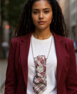 “Dainty Dapper”burgundy plaid necktie necklace with floral brooch Red Photo 0