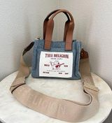 True Religion Denim Mini Tote Crossbody Bag Women's Blue Logo White Purse Photo 0