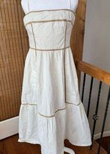 LALAVON 100% cotton Chic Ivory Spaghetti Strap Dress with Tan Piping new Photo 0