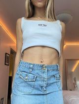 Talbots y2k denim mini skirt with rhinestone details and front pockets Photo 0