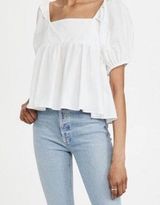 En Saison White Poplin Babydoll Puff Sleeve Blouse Open Tie Back Medium Photo 0