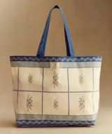 New Sezane Baziszt Floral Canvas Tote Bag Blue and Cream Photo 0