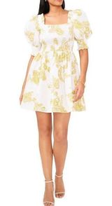 Women’s Paisley Puff Sleeve Smocked Mini Dress in White/Lime Photo 0