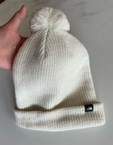 The North Face Logo Box Pom Beanie Stocking Cap Hat Beige Knitted Photo 0