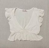 White Ruffle Cap Sleeve Low V Peplum Crop Top Gauzy Shirt OS Photo 0