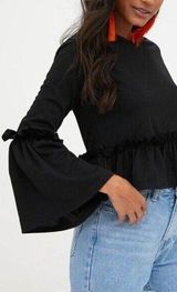 EUC Womens Pretty Little Thing black frill bell long sleeve ruffle crop top SZ 6 Photo 0