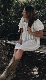 White Puff Sleeved Pleated Square Neck Dress Photo 0