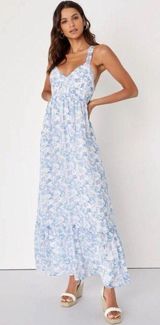 Lulu's My Love Story White Floral Print Tie-Back Maxi Tiered Dress Coastal Small Photo 0