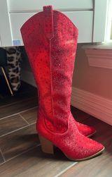 Top Moda Red Sequin  Knee High Boots Side Zip 7.5 New  Photo 0