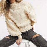 ASOS Design Cream Bobble Wool Mock Neck Balloon Sleeve Minimalist Sweater Photo 0