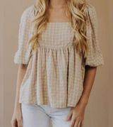 Storia Plaid Tan and White Babydoll Puff Sleeve Top Size Small Photo 0