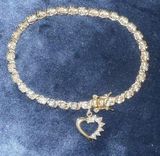 Vintage Tennis Bracelet 925 Sterling Silver Gold Vermeil Illusion w Heart Charm Photo 0