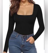 Women's Square Neck Long Sleeve Top Bodysuit Black (171) Photo 0