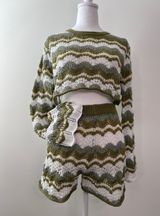 Green and white waived striped knit crop top and shorts set. Size M Photo 0
