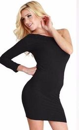 NIKIBIKI New Black One Shoulder 3/4 Sleeve Lace Neckline Dress Photo 0