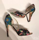 Ivanka Trump Floral Print Satin Straps Crisscross Leather Green Pumps Stilettos D’orsay Sandals Photo 0
