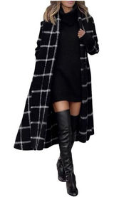 Womens Daphnea Paris Black Grid Plaid Longline Jacket Wool Trench Coat Photo 0