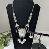 Western Boho Silver Turquoise Crackle Stone Necklace Earrings Set Blue Photo 0