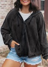 Gray/Black Oversized Zip Up Hoodie with Pockets Black Photo 0