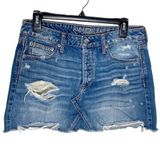 American Eagle deconstructed distressed denim mini skirt fringe hem size 10 Photo 0