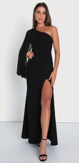 Majestic Attitude Black Cape Sleeve One-Shoulder Maxi Dress Photo 0