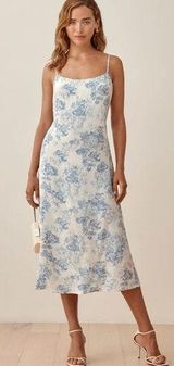 Reformation Sloane Blue Floral Spaghetti Strap Midi Crepe Dress Photo 0