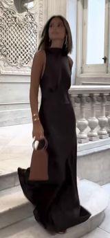 dress maxi long brown wrinkle satin effect bodycon wedding party cocktail Photo 0