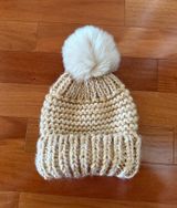 Free People Cream and Tan Fluffy Puff Ball Pom Chunky Knit Beanie Photo 0